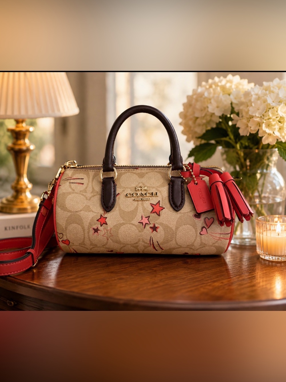 Coach Beige Signature Satchel with Coral Trim and Black Handles. Mini size ❌❌